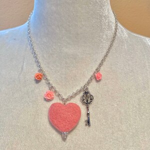 Valentine, Birthday present, Heart Necklace, Wool heart pendant, Rose charm, Key to the heart, silver plated chain, gift, felted jewelry