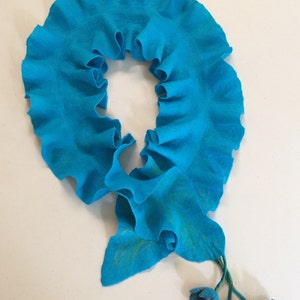 Turquoise ruffle scarf merino wool flowers felt felting felted gift for any occasion