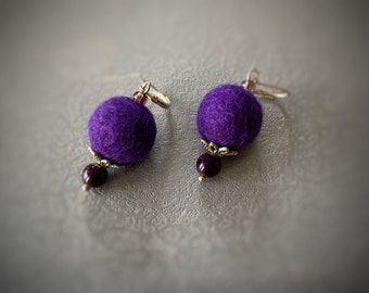 Felted Earrings, Wool earrings, dangle drop, Earth theme earrings, eco friendly jewelry, beads earrings purple color purple necklace pendant