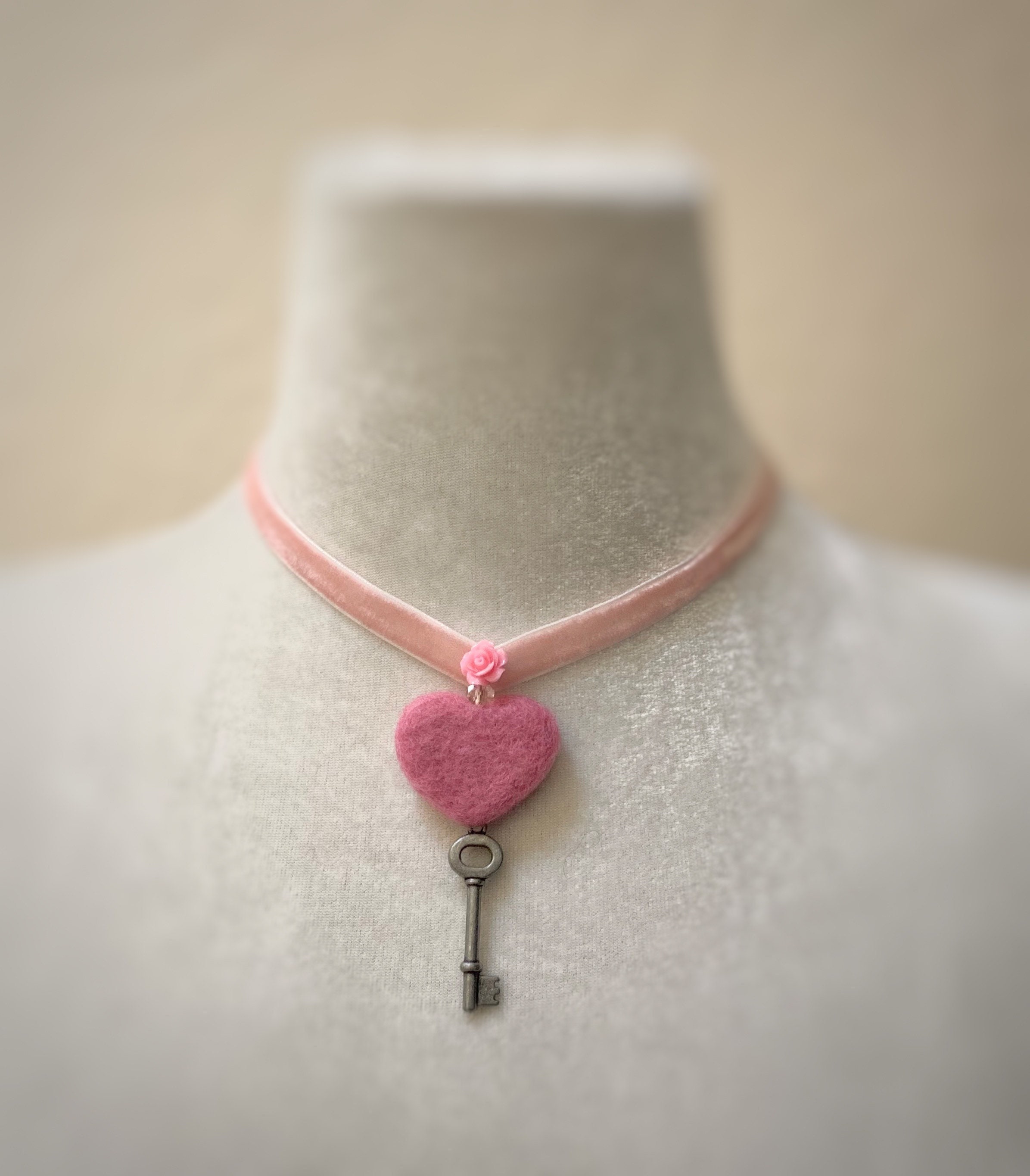 Valentine Pink Choker Heart Necklace Rose Velvet Band Etsy UK