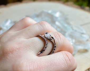 Rose Quartz Ring, Snake Ring, Copper Ring, Elven Jewelry, Witchy Ring, Trending Now