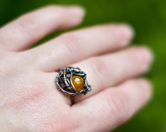 Orange facettierter Achat Ring, Kupferdraht Gewickelt Ring, Witchy Schmuck, Trending Now, 7. Jahrestag Geschenk