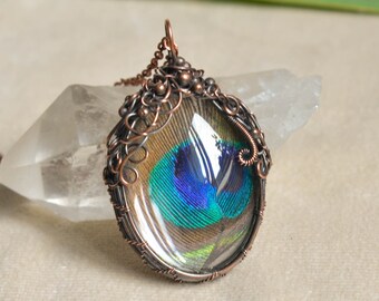 Collar de plumas de pavo real, regalo del 7o aniversario, joyería de brujería, collar wicca
