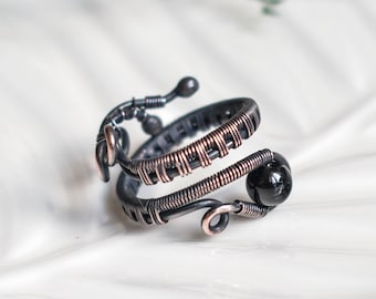 Pierścionek z czarnego onyksu, Miedziany pierścionek z wężem, Biżuteria elfów, Teraz zyskujące na popularności