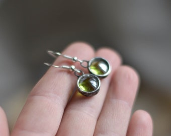 Tiny green glass earrings, stained glass jewelry, dangling earrings, circle earrings, free shipping