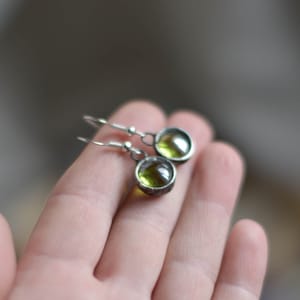 Tiny green glass earrings, stained glass jewelry, dangling earrings, circle earrings, free shipping
