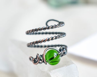 Grüner Ring, geflochtener Ring, Elfen Schmuck, Kupfer verstellbarer Ring, Geschenk für Sie, Boho Ring