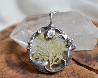 Dry Wormwood Necklace, Pressed Flower Necklace, Stained Glass Pendant, Plant Jewelry, Birthday Gift for Her, Woodland Jewelry