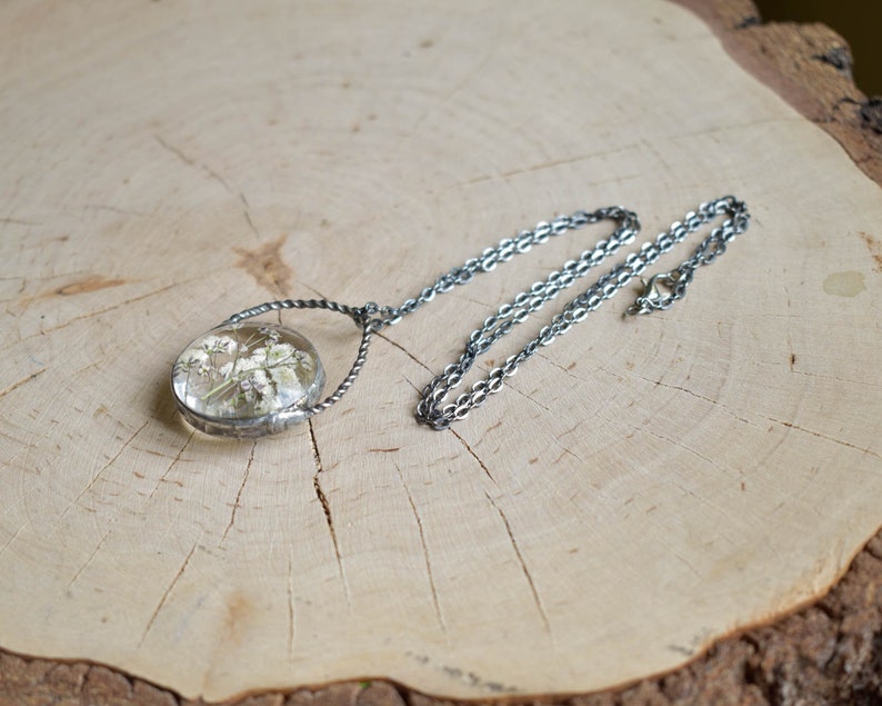 Pressed flower necklace, White Fowers Pendant, Baby's Breath Necklace, Witchcraft Jewelry, New Mom Gift, mothers day gift image 8