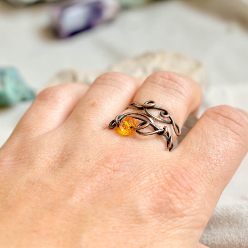 Yellow crystal ring, Adjustable Size, Glass and Copper Wire wrapped Ring, Openwork, Celestial Ring zdjęcie 9