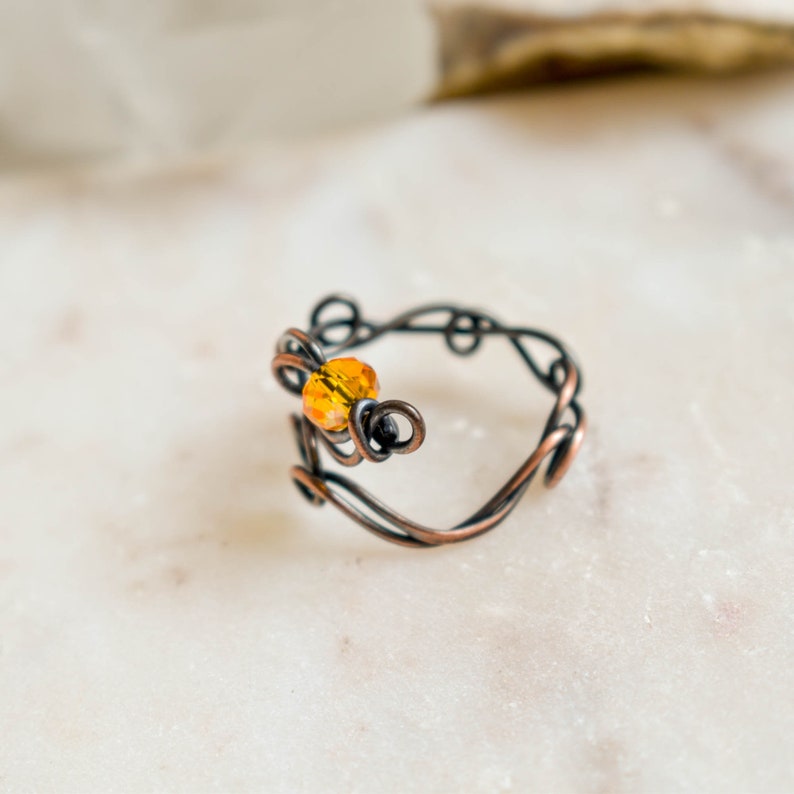 Yellow crystal ring, Adjustable Size, Glass and Copper Wire wrapped Ring, Openwork, Celestial Ring zdjęcie 4