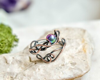 Purple hematite ring, Adjustable Size, Gemstone and Copper, Brided Ring, Openwork, Celestial Ring