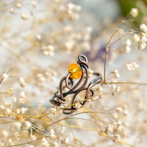 Yellow crystal ring, Adjustable Size, Glass and Copper Wire wrapped Ring, Openwork, Celestial Ring zdjęcie 10