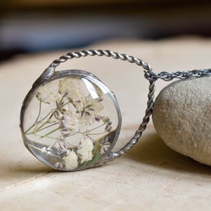 Pressed flower necklace, White Fowers Pendant, Baby's Breath Necklace, Witchcraft Jewelry, New Mom Gift, mothers day gift image 1