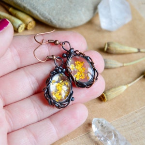 Yellow flowers earrings, terrarium earrings , wirewrapped jewelry, Queen Anne's Lace earrings image 3