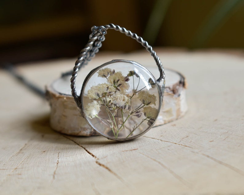 Pressed flower necklace, White Fowers Pendant, Baby's Breath Necklace, Witchcraft Jewelry, New Mom Gift, mothers day gift image 5