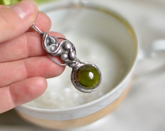 Green Glass Necklace, Sphere Pendant, Witchy Necklace, Gift for Her, Soldered Jewelry