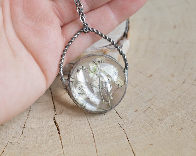 Pressed flower necklace, White Fowers Pendant, Baby's Breath Necklace, Witchcraft Jewelry, New Mom Gift, mothers day gift image 7
