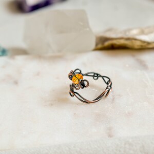 Yellow crystal ring, Adjustable Size, Glass and Copper Wire wrapped Ring, Openwork, Celestial Ring zdjęcie 5