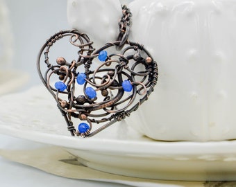 Art nouveau  necklace, elven jewelry, womens gift, wirework, copper heart pendant