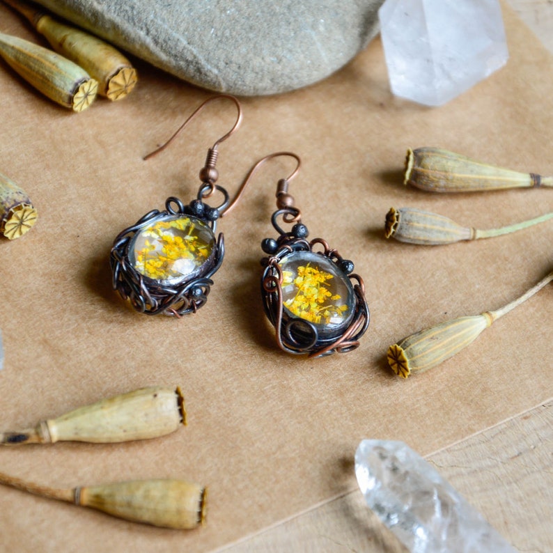 Yellow flowers earrings, terrarium earrings , wirewrapped jewelry, Queen Anne's Lace earrings image 6