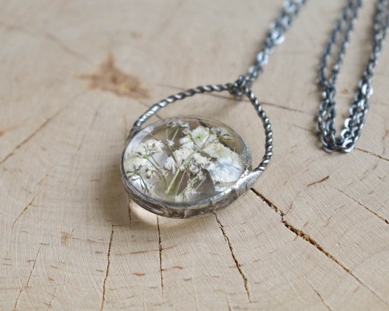 Pressed flower necklace, White Fowers Pendant, Baby's Breath Necklace, Witchcraft Jewelry, New Mom Gift, mothers day gift image 10