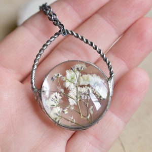 Pressed flower necklace, White Fowers Pendant, Baby's Breath Necklace, Witchcraft Jewelry, New Mom Gift, mothers day gift image 4