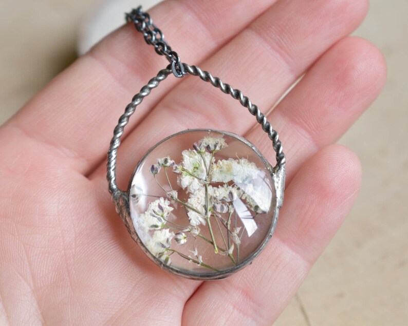 Pressed flower necklace, White Fowers Pendant, Baby's Breath Necklace, Witchcraft Jewelry, New Mom Gift, mothers day gift image 4