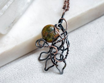 Moss Green Jasper Necklace, Wirewrapped Jewelry, Earthy Necklace, Woodland Necklace, Gift for Naturelover, Elven Jewelry