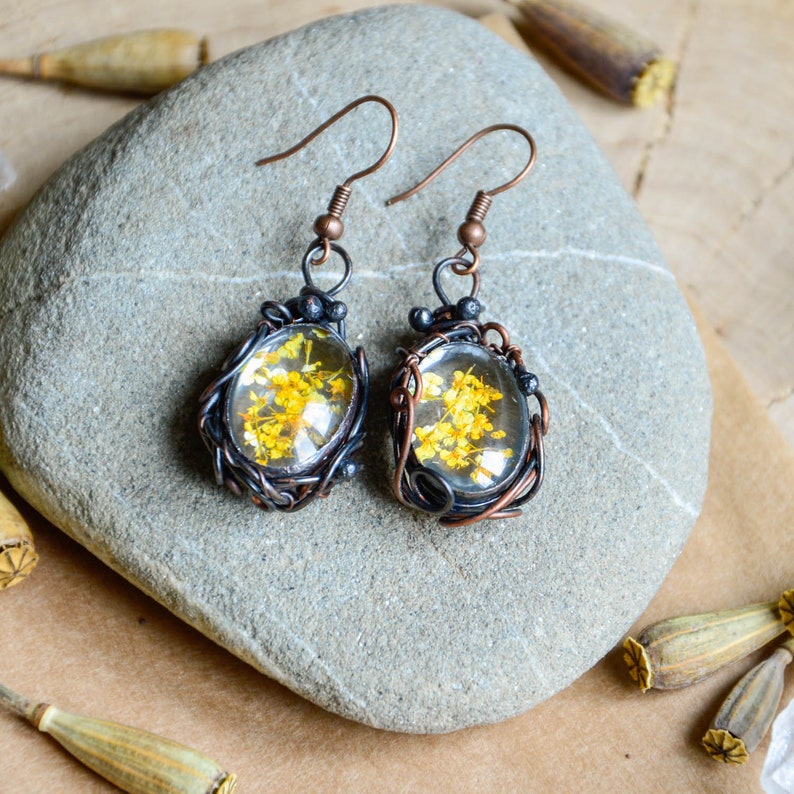 Yellow flowers earrings, terrarium earrings , wirewrapped jewelry, Queen Anne's Lace earrings image 1