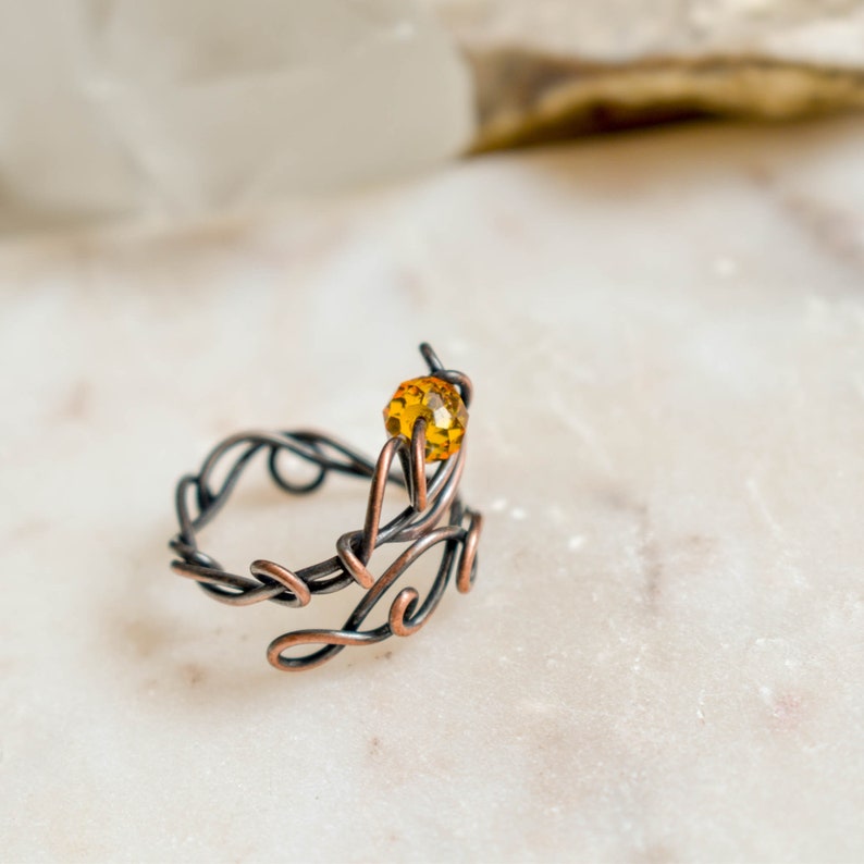 Yellow crystal ring, Adjustable Size, Glass and Copper Wire wrapped Ring, Openwork, Celestial Ring zdjęcie 3