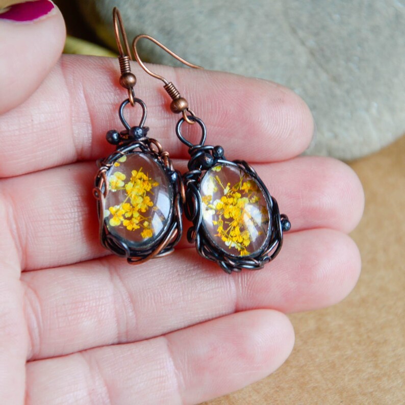 Yellow flowers earrings, terrarium earrings , wirewrapped jewelry, Queen Anne's Lace earrings image 2