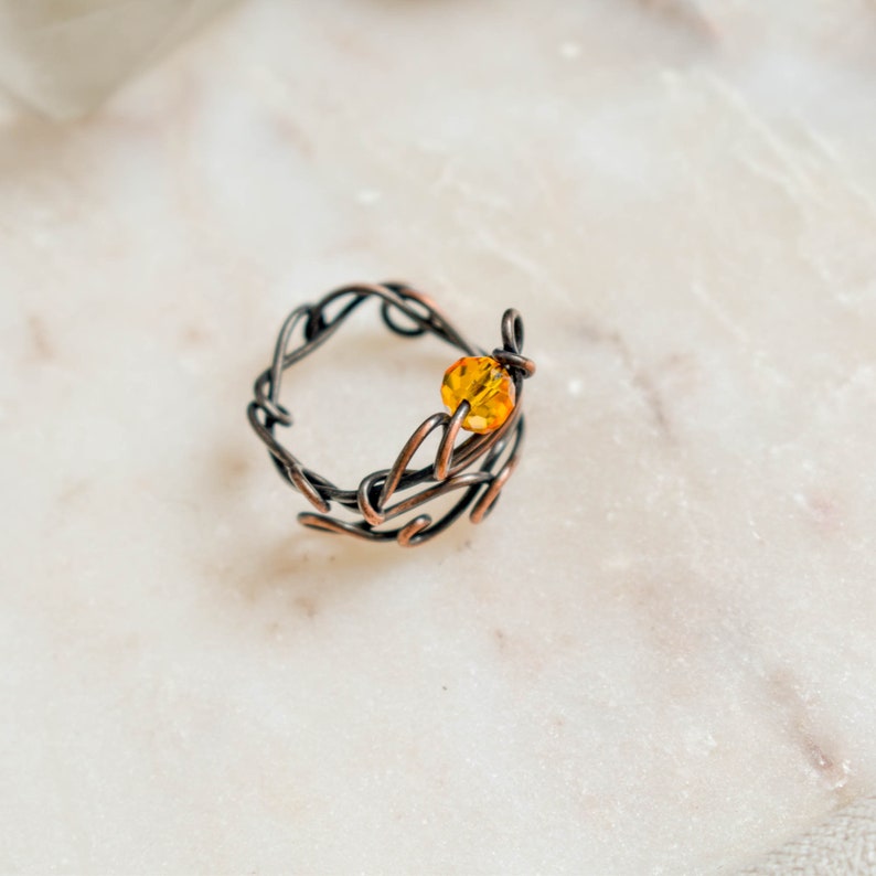 Yellow crystal ring, Adjustable Size, Glass and Copper Wire wrapped Ring, Openwork, Celestial Ring zdjęcie 2