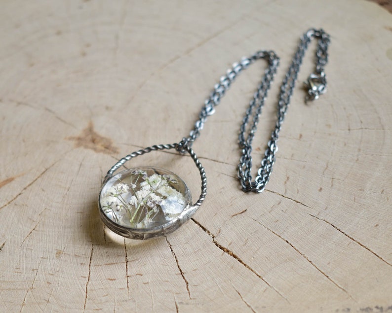 Pressed flower necklace, White Fowers Pendant, Baby's Breath Necklace, Witchcraft Jewelry, New Mom Gift, mothers day gift image 9