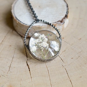 Pressed flower necklace, White Fowers Pendant, Baby's Breath Necklace, Witchcraft Jewelry, New Mom Gift, mothers day gift image 6