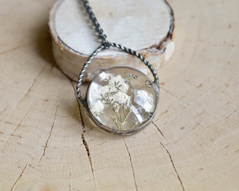 Pressed flower necklace, White Fowers Pendant, Baby's Breath Necklace, Witchcraft Jewelry, New Mom Gift, mothers day gift image 6