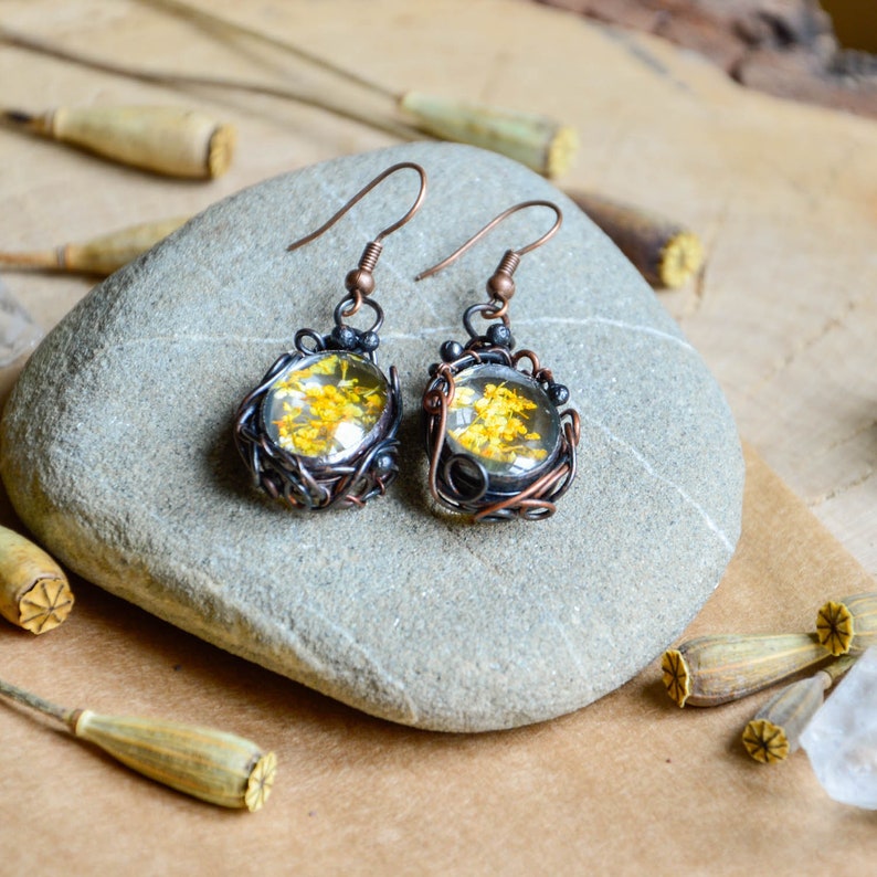 Yellow flowers earrings, terrarium earrings , wirewrapped jewelry, Queen Anne's Lace earrings image 5