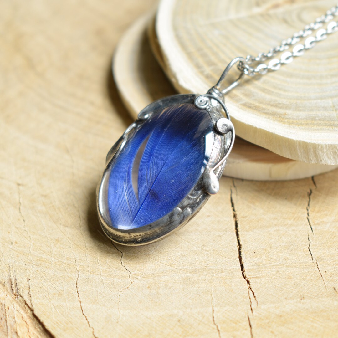 Blue Feather Necklace, Elven Jewelry, Bird Pendant, Wanderlust Jewelry ...