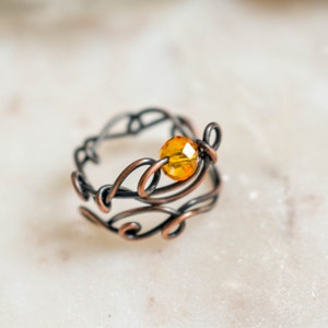 Yellow crystal ring, Adjustable Size, Glass and Copper Wire wrapped Ring, Openwork, Celestial Ring zdjęcie 1