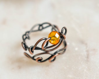 Yellow crystal ring, Adjustable Size, Glass and Copper Wire wrapped Ring, Openwork, Celestial Ring