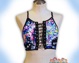 UV Reactive Lace-Up Halter Crop Top: Oil Slick Blacklight Rave Wear