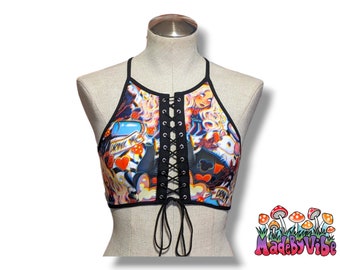 Trippy Wonderland Lace Up Backless Crop Top | Rave Dance Festival Top | Plus Sizes | Swim Top