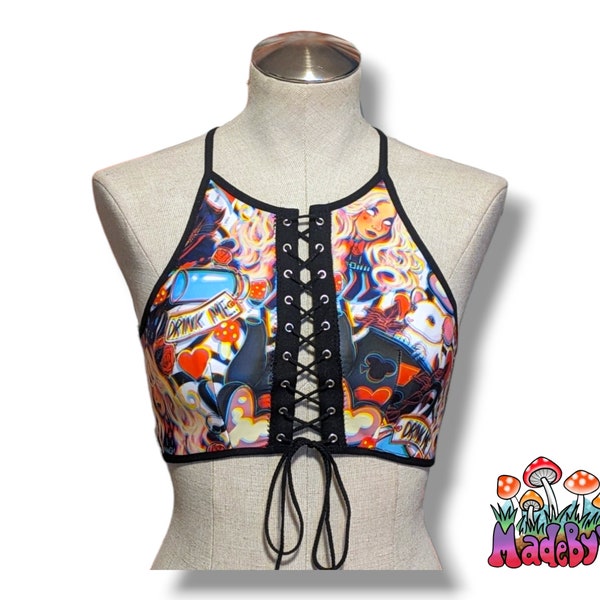 Trippy Wonderland Lace Up Backless Crop Top | Rave Dance Festival Top | Plus Sizes | Swim Top