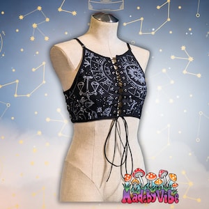 Zodiac Constellation Print Lace Up Halter Crop Top | Rave Dance Festival Exotic Bra | Plus Size Available Goth Lingerie Swim Top