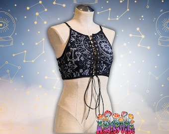 Zodiac Constellation Print Lace Up Halter Crop Top | Rave Dance Festival Exotic Bra | Plus Size Available Goth Lingerie Swim Top