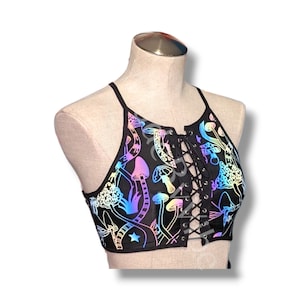 Reflektierende Pilz Schnürsenkel Crop Top | Rave Dance Festival Exotic BH | Plus Größe erhältlich Gothic Dessous Swim Top