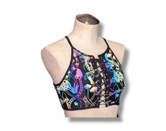 Reflective Mushroom Lace Up Halter Crop Top | Rave Dance Festival Exotic Bra | Plus Size Available Goth Lingerie Swim Top