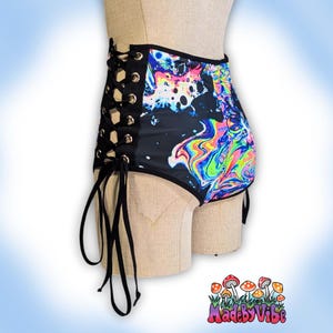 UV Reactive Rave Booty Shorts: High Waisted Oil Slick Lace-Up