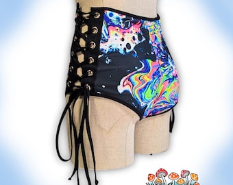 UV Reactive Rave Booty Shorts: High Waisted Oil Slick Lace-Up