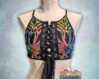 Sequin Lace-Up Crop Top: Rave Festival Wear, Open Back